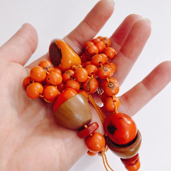 VTG 1970s Tagua Nut Wood Necklace Boho Artisan Long Natural Statement Jewelry - Picture 9 of 13
